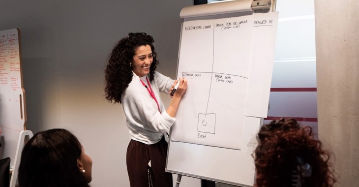 Participants working on an exercise with a female facilitator 
