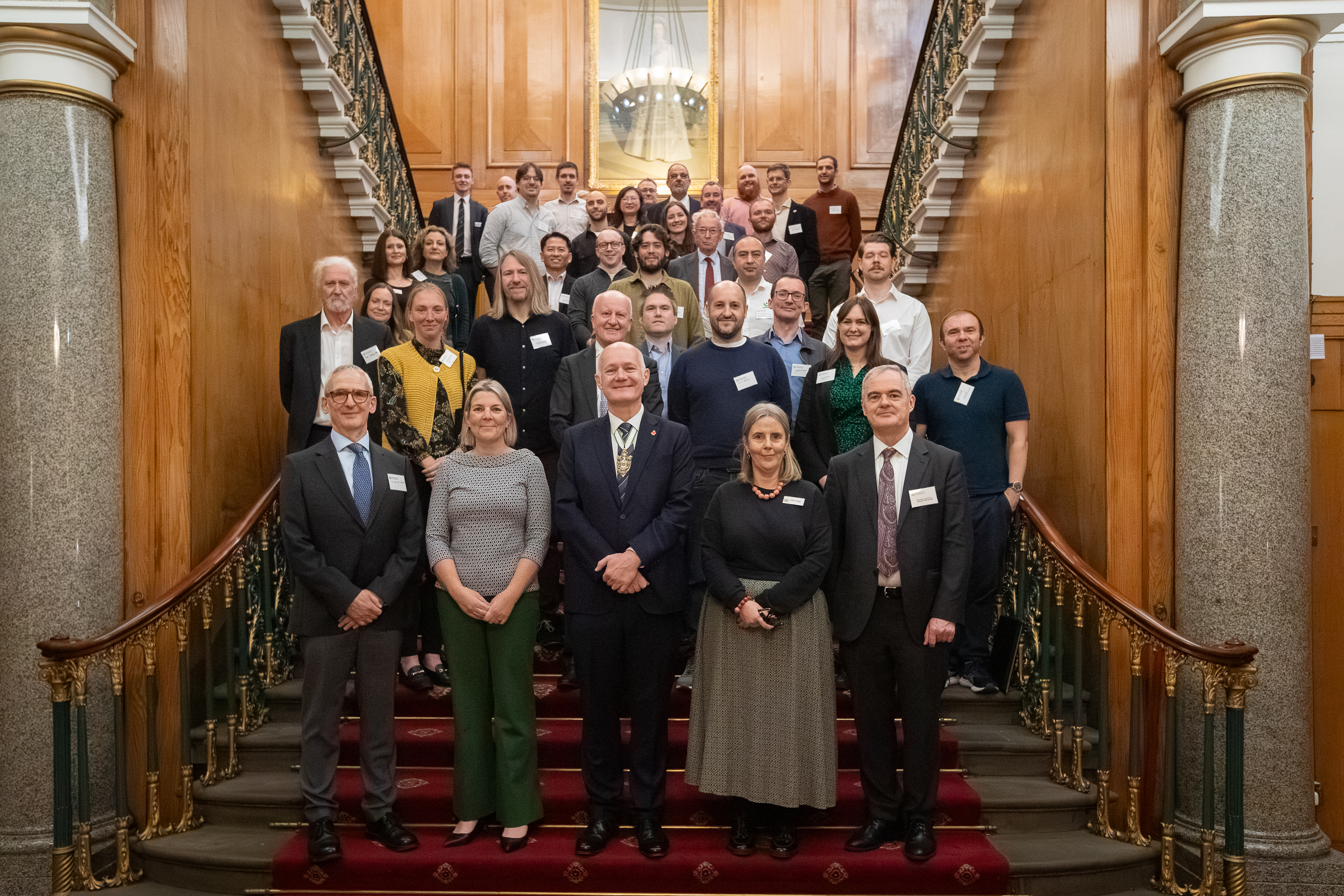 Launch of the Sheffield Hub at Cutler's Hall. Front row L-R: Sir John Lazar, Rachel Smith, Professor Keith Jackson, Gillian Gregg and Professor Conchúr Ó Brádaigh.